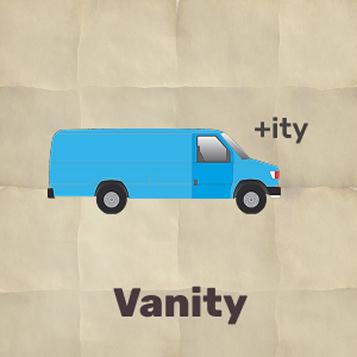 Image riddle with a drawing of a bird where a letter is substituted, and a hand with letters. Solution: vanity