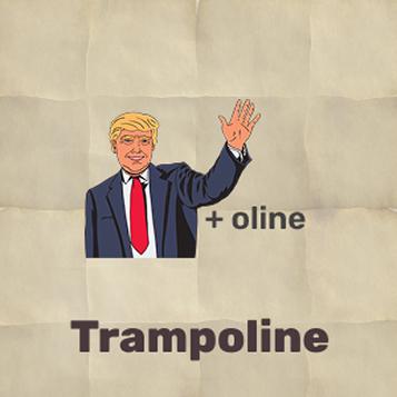 Image riddle with a drawing of a figure identified as Trump and the word 'lina' next to it. Solution: trampoline