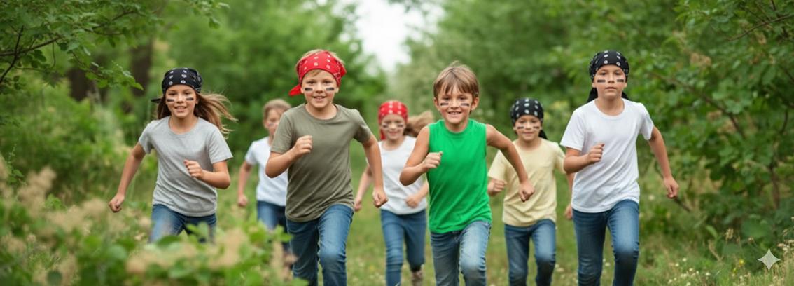 Kids playing neighborhood treasure hunt dressed as pirates with bandanas and makeup